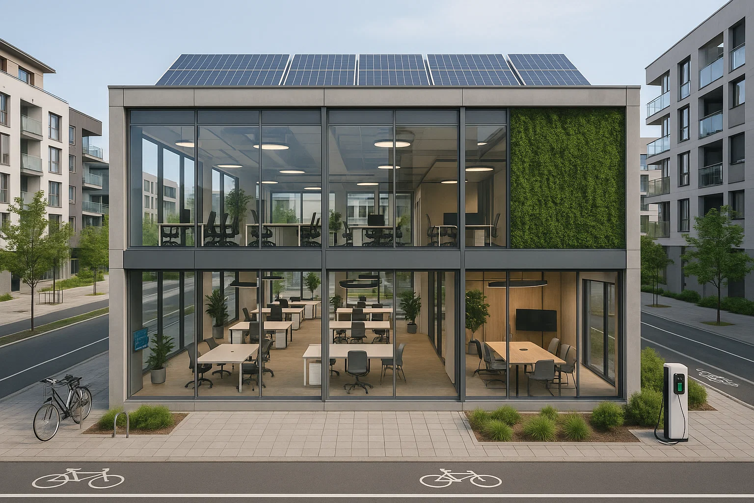 Espace de bureaux modulable dans un immeuble à usage mixte, avec aménagement durable, accès multimodal et zones de coworking adaptées au travail hybride