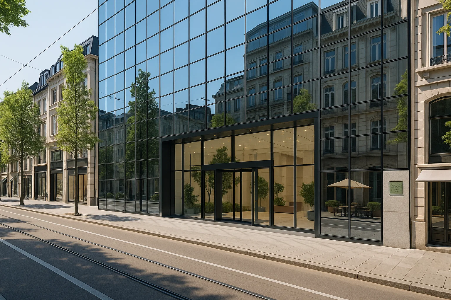 Immeuble de bureaux vitré dans un quartier d’affaires prestigieux avec hall d’accueil lumineux, verdure et excellente accessibilité urbaine