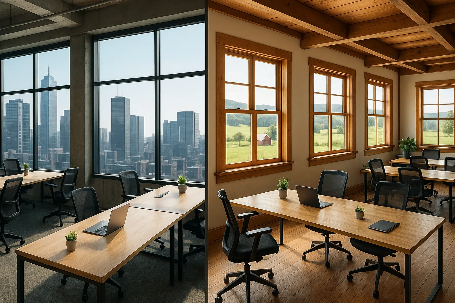 Vue côte à côte des bureaux de coworking urbains et ruraux, présentant les options d'espace de travail en milieu urbain et rural