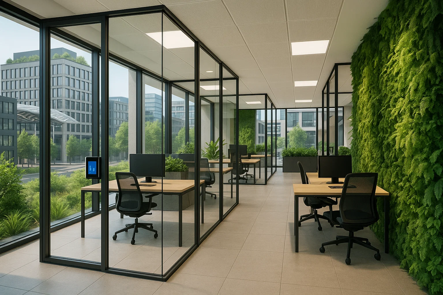 Bureau flexible et durable en Belgique avec cloisons modulables, lumière naturelle et design écologique dans un quartier urbain rénové.