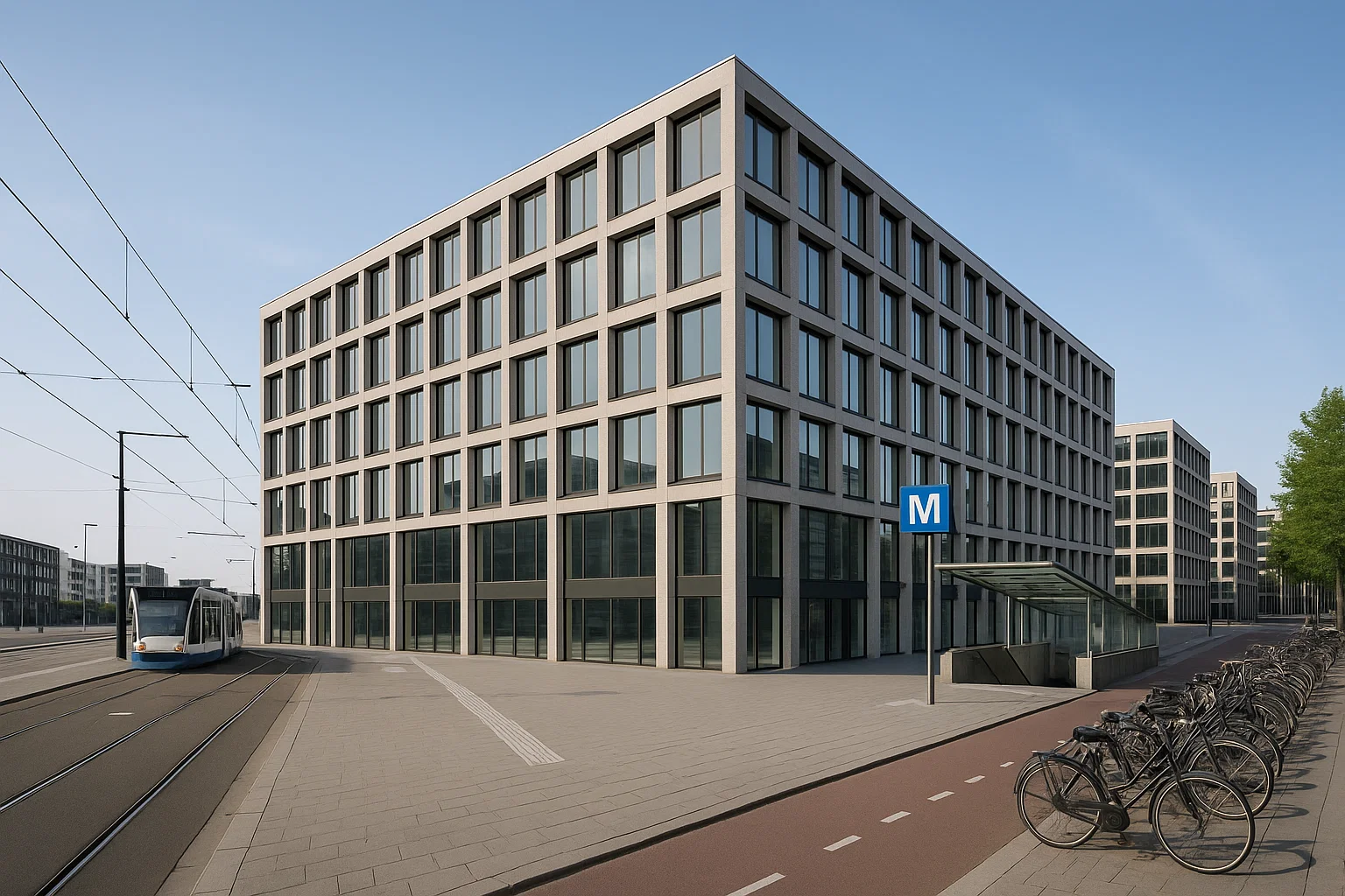 Bureaux modernes situés à proximité immédiate d’un arrêt de tram ou d’une gare, illustrant une accessibilité optimale.