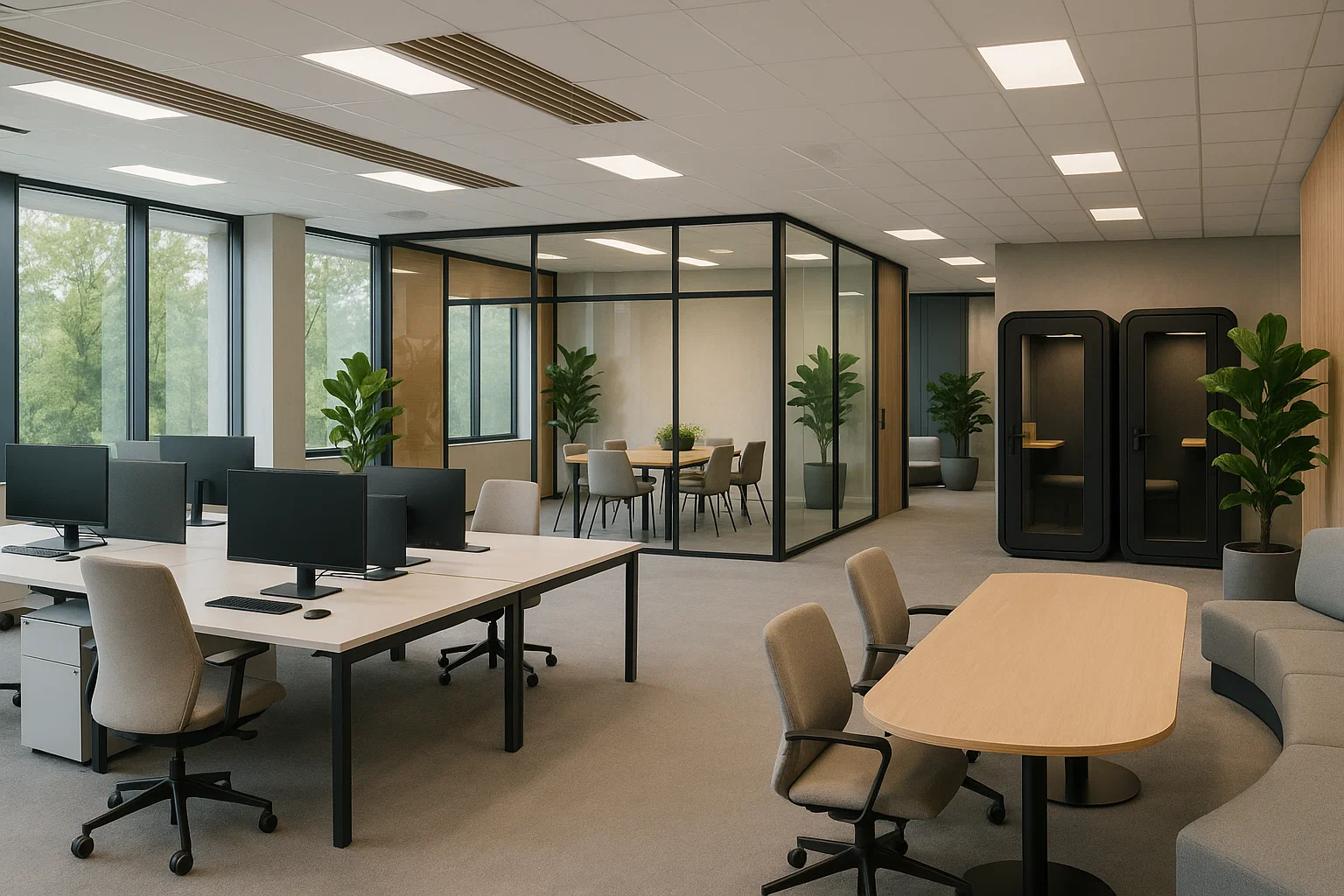 Espace de bureau moderne en Belgique conçu pour le travail hybride, avec zones flexibles et technologies intelligentes.