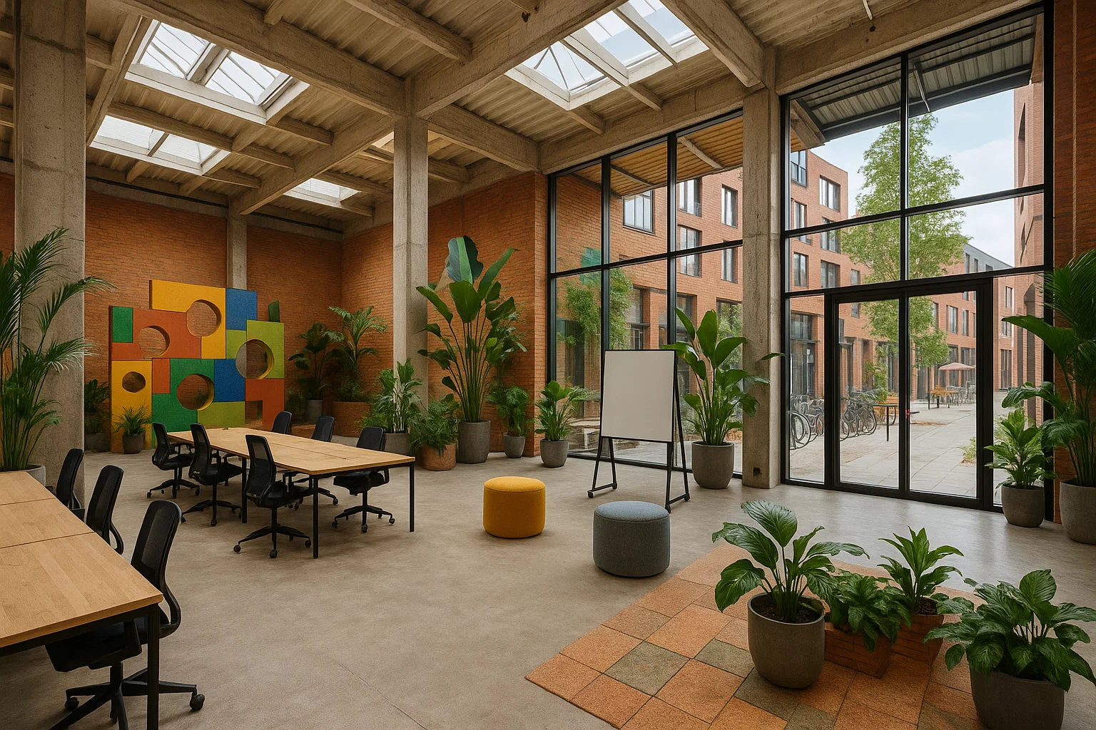 Espace de coworking créatif en Belgique avec aménagement hybride, matériaux recyclés et lumière naturelle dans un quartier urbain dynamique.
