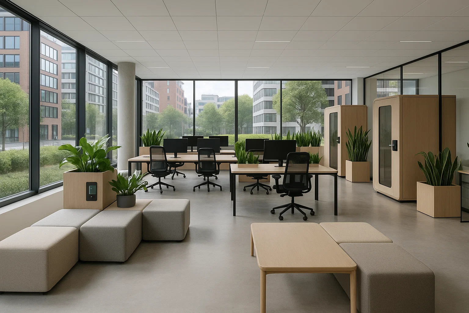 Espace de travail flexible et moderne en Belgique, avec mobilier modulaire et ambiance écoresponsable.