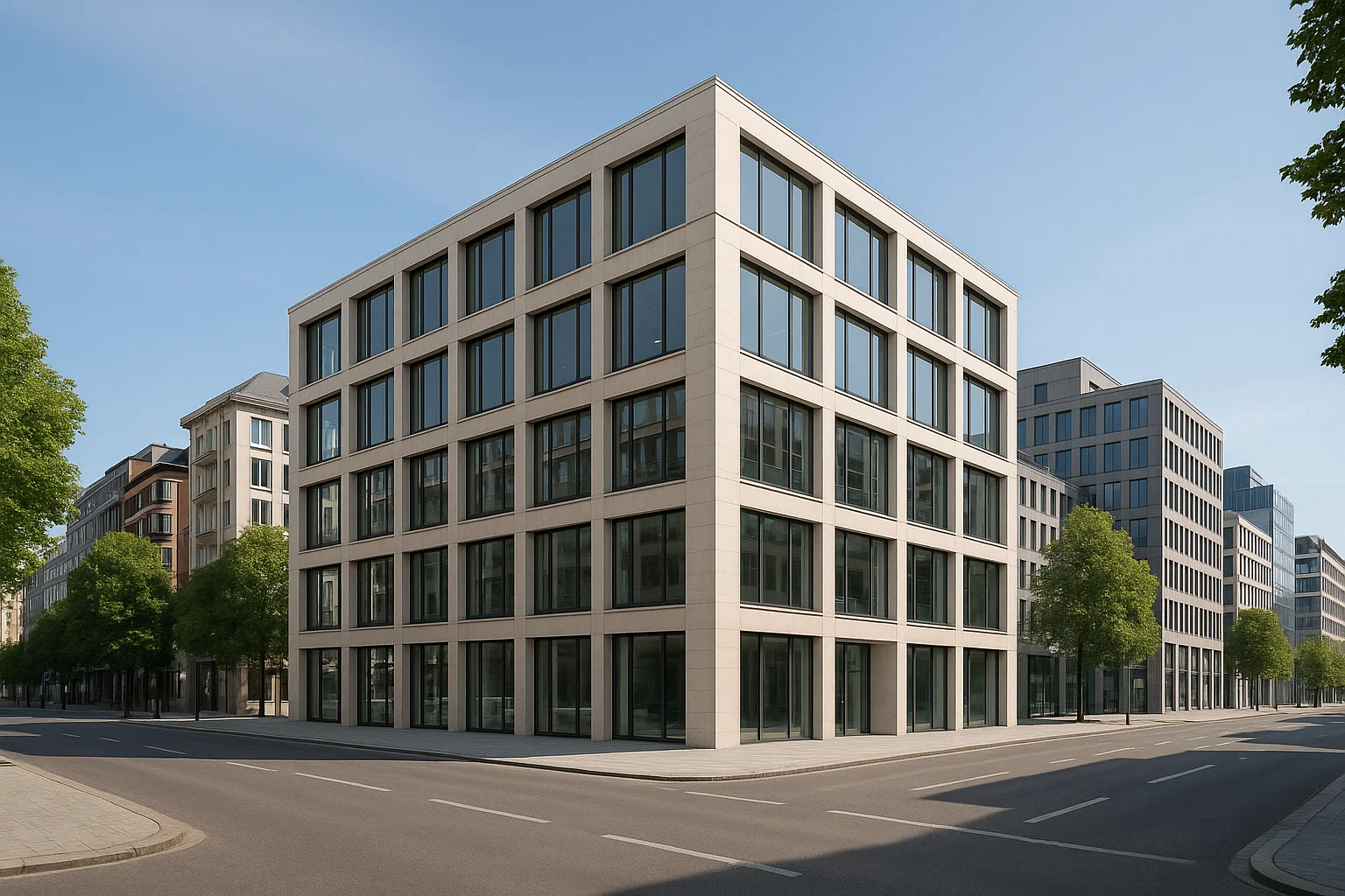 Immeuble de bureaux moderne situé dans un quartier prestigieux en Belgique, idéal pour renforcer l’image de marque.
