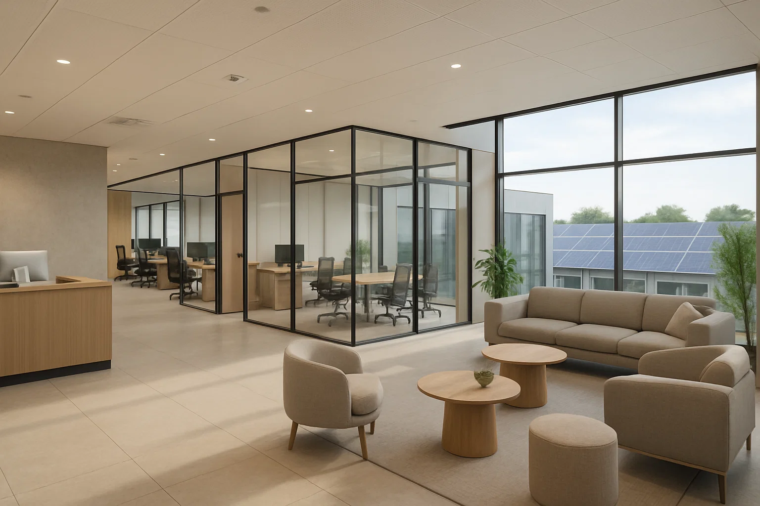 Bureau moderne dans un centre d’affaires avec salles de réunion vitrées, lounge partagé et conception écoénergétique.