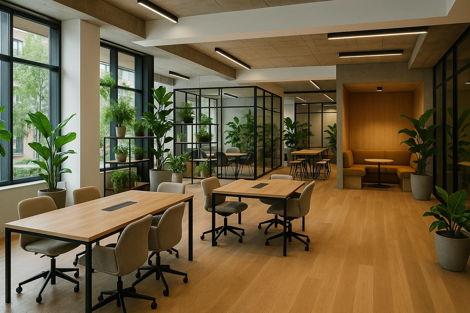 Espace de coworking moderne et lumineux avec zones modulables et design biophilique.