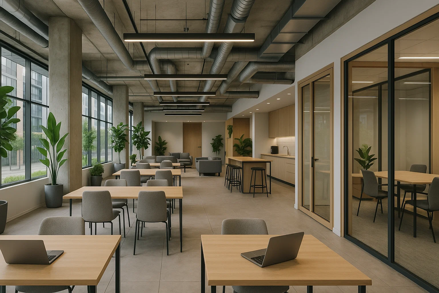 Espace de travail collaboratif moderne, lumineux et modulable avec bureaux privés et zones de détente.