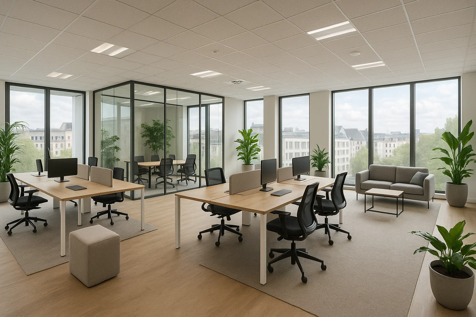 Bureau moderne et lumineux dans un centre d’affaires européen avec mobilier ergonomique, espaces modulables et design durable favorisant productivité et flexibilité.