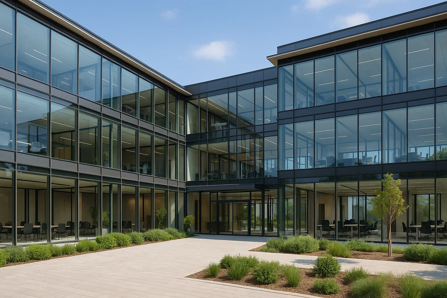 Centre d’affaires moderne en France avec bureaux flexibles, salles partagées et design éco-énergétique, illustrant les avantages financiers pour entreprises.