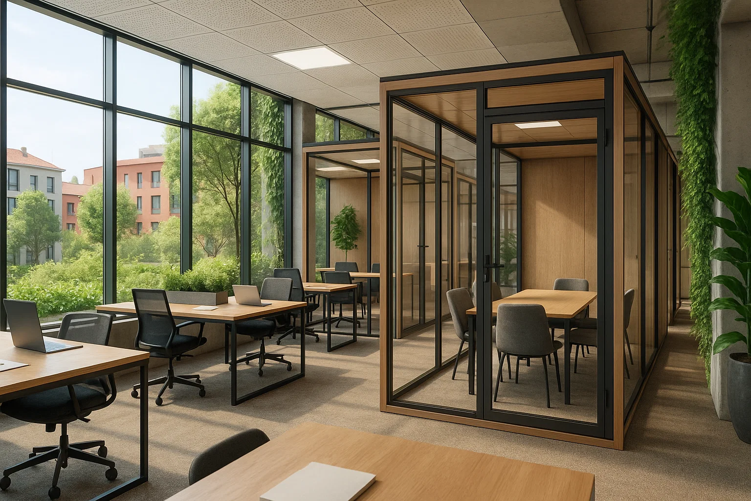 Centre d’affaires moderne en France avec bureaux partagés, salles modulables et design éco-responsable, idéal pour les startups soucieuses de leur budget.