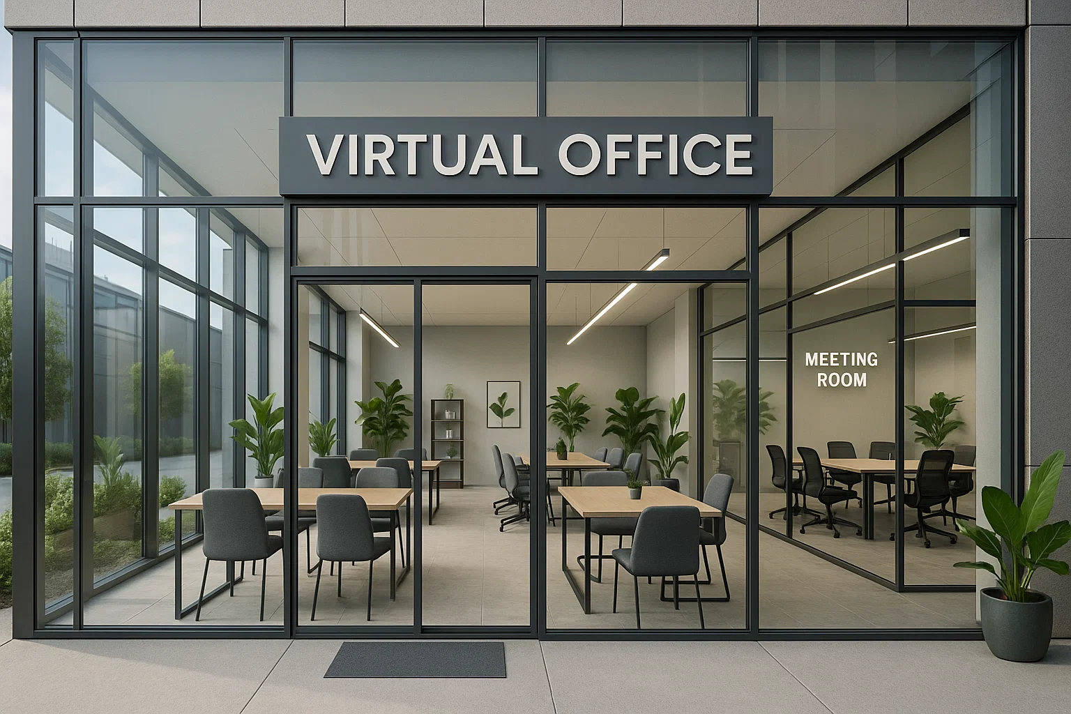 Centre d’affaires moderne illustrant un bureau virtuel avec espaces de coworking et salles de réunion partagées.