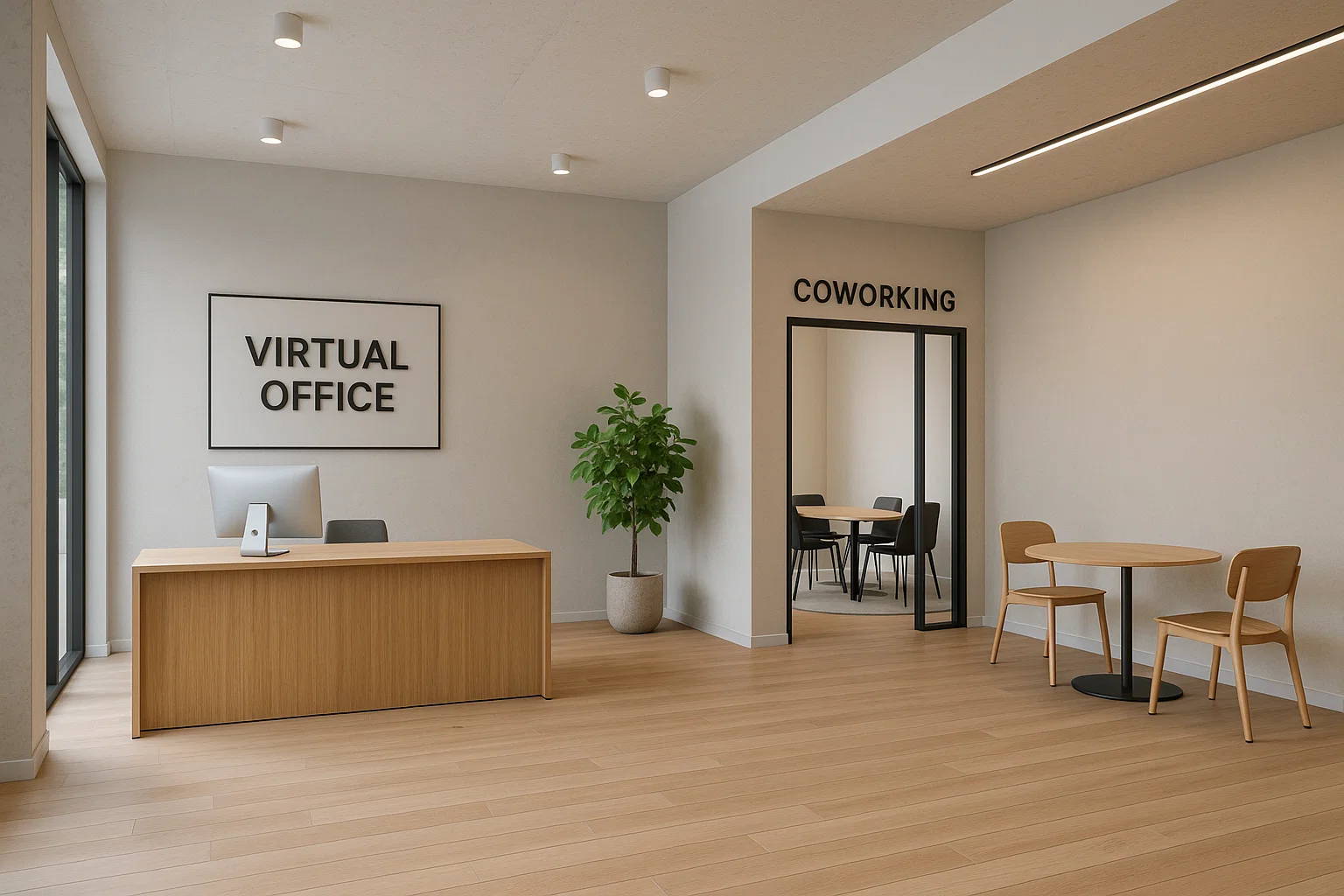 Espace de coworking moderne représentant un bureau virtuel avec réception et design contemporain.