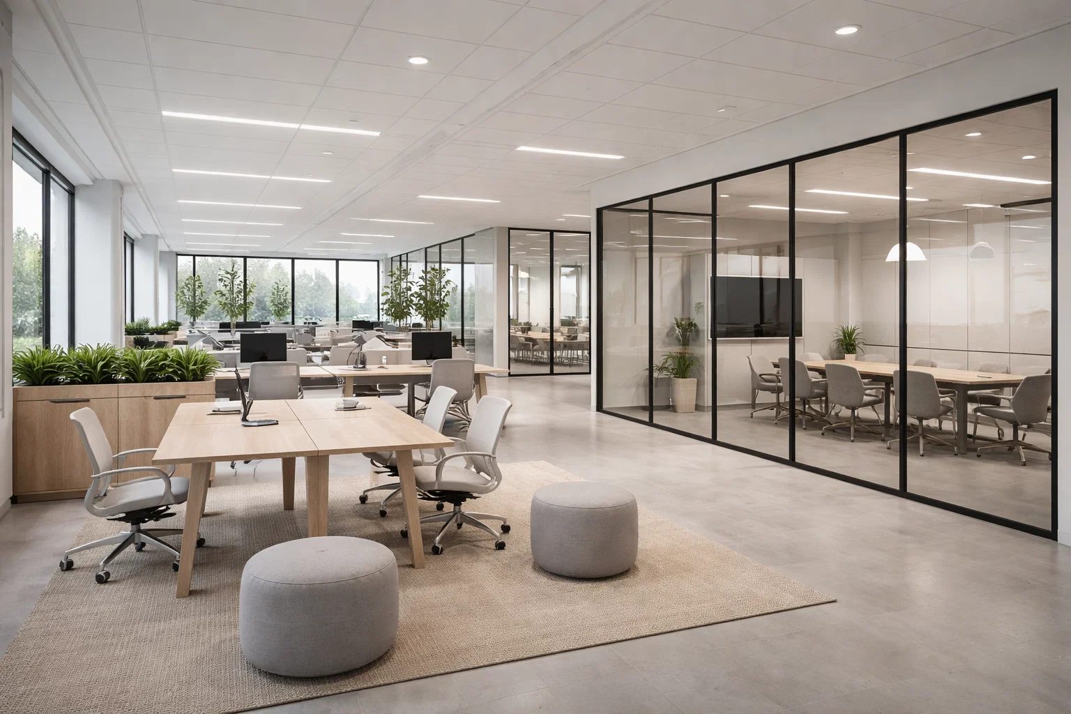 Bureau flexible et modulable dans un business center belge, sans personnes.