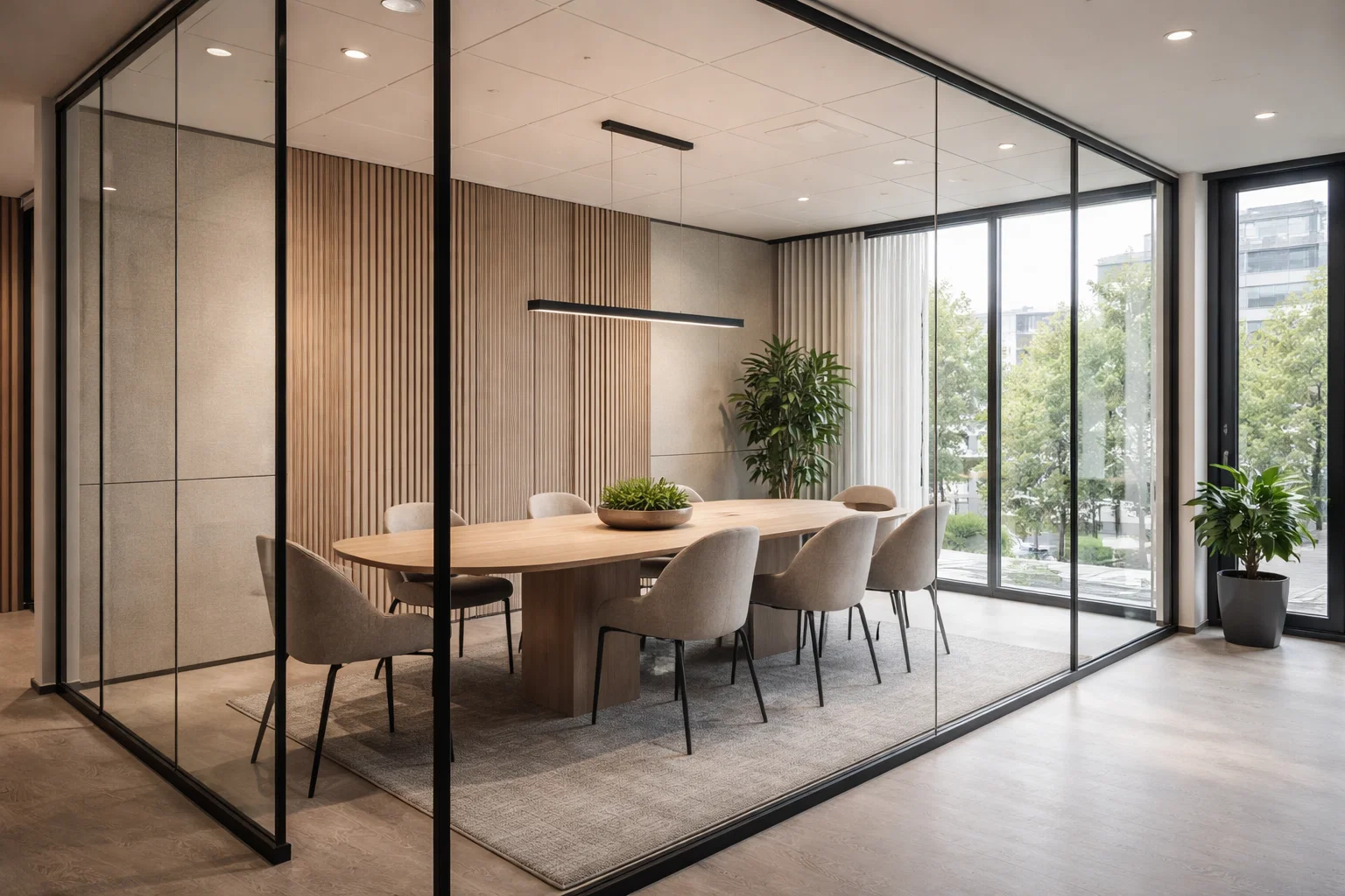 Salle de réunion lumineuse dans un business center moderne, avec cloisons vitrées et finitions neutres.