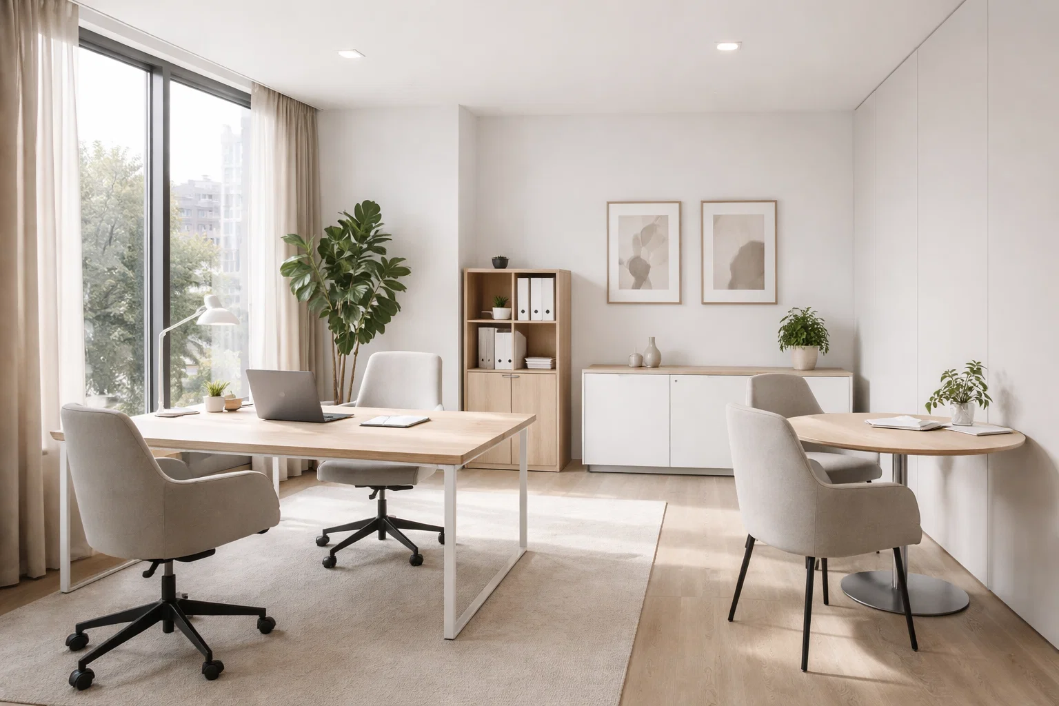 Petit bureau prêt à l’emploi avec lumière naturelle et mobilier moderne