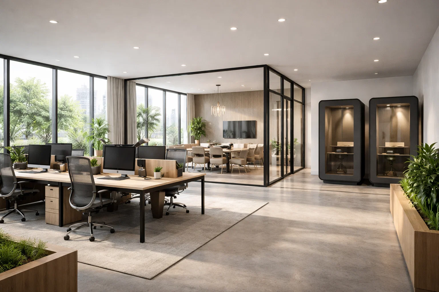 Bureau moderne avec zones de travail, réunion et cabines d’appel.