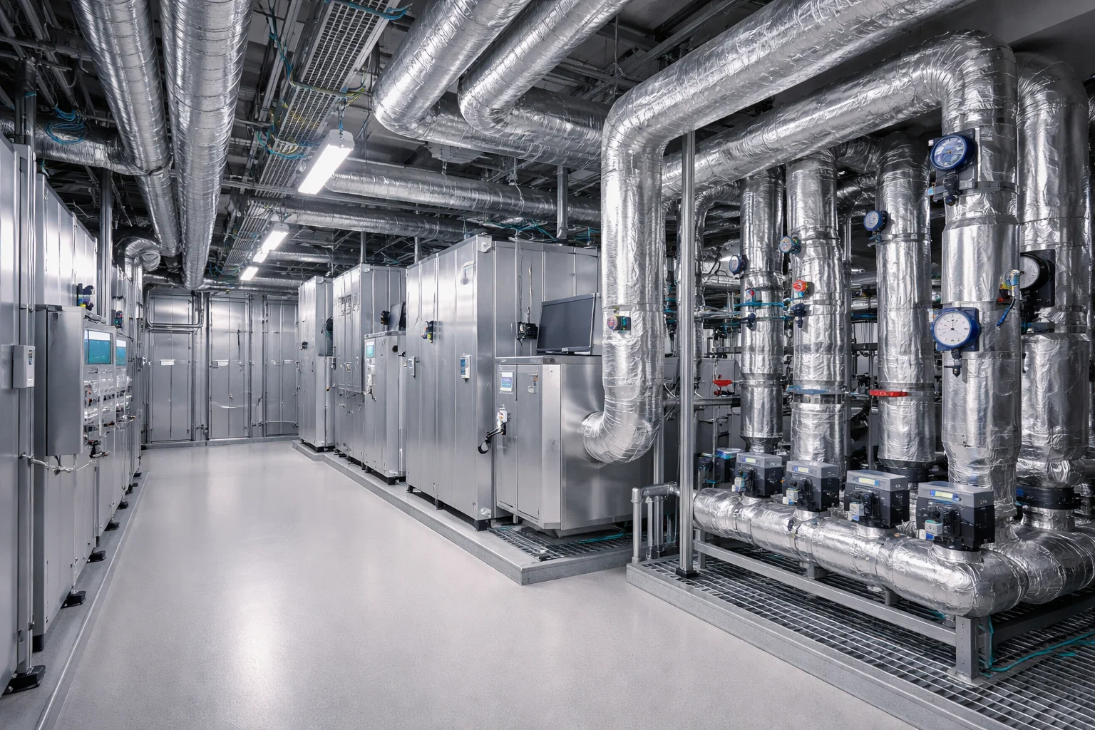 Salle technique HVAC moderne avec capteurs de supervision.